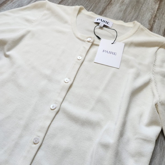 NWT Paire Cardigan Ivory Button Down Ribbed Stretchy Long Sleeve Round Neck Sz L - Picture 2 of 8